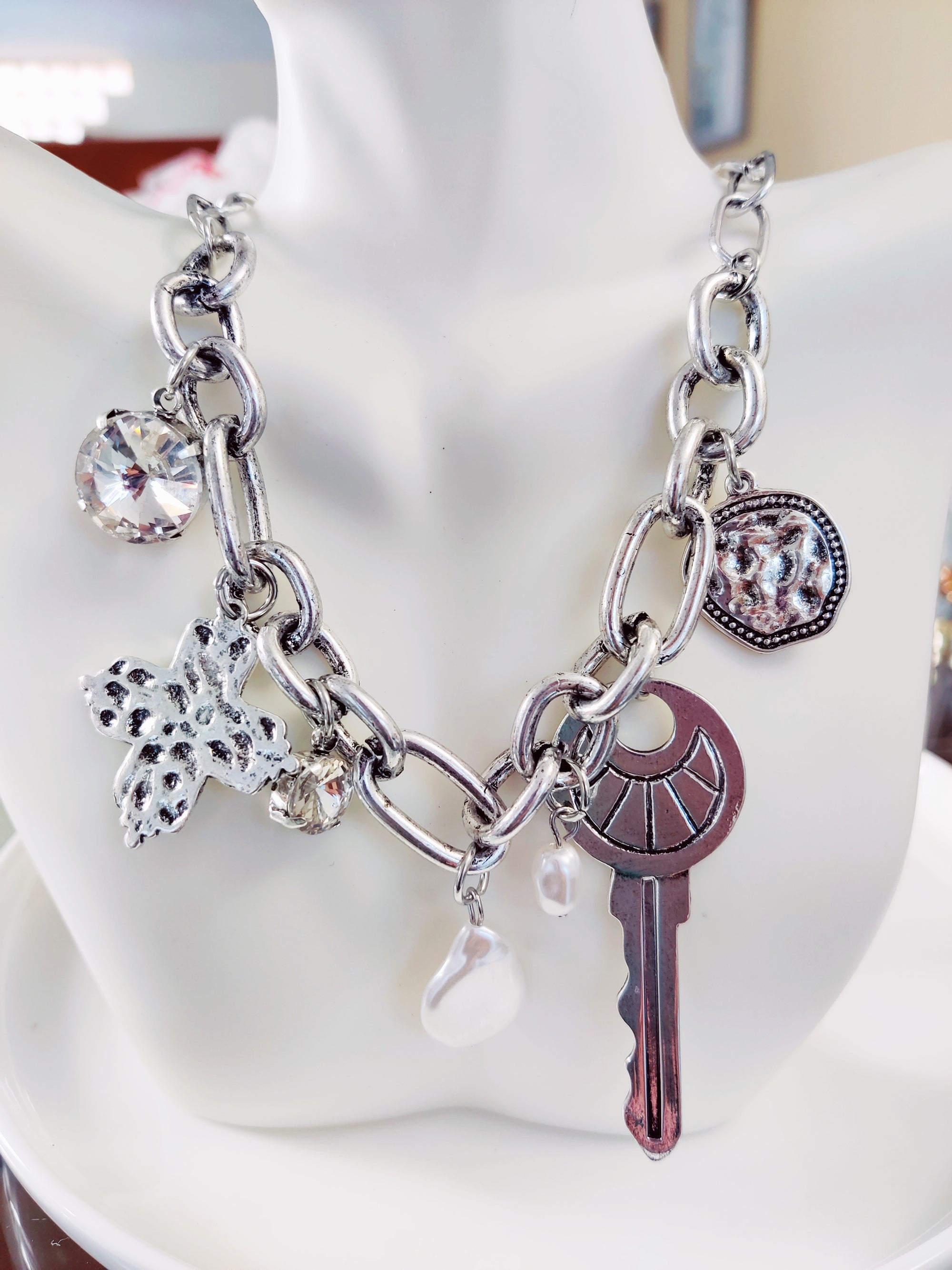Silver plated key chain necklace